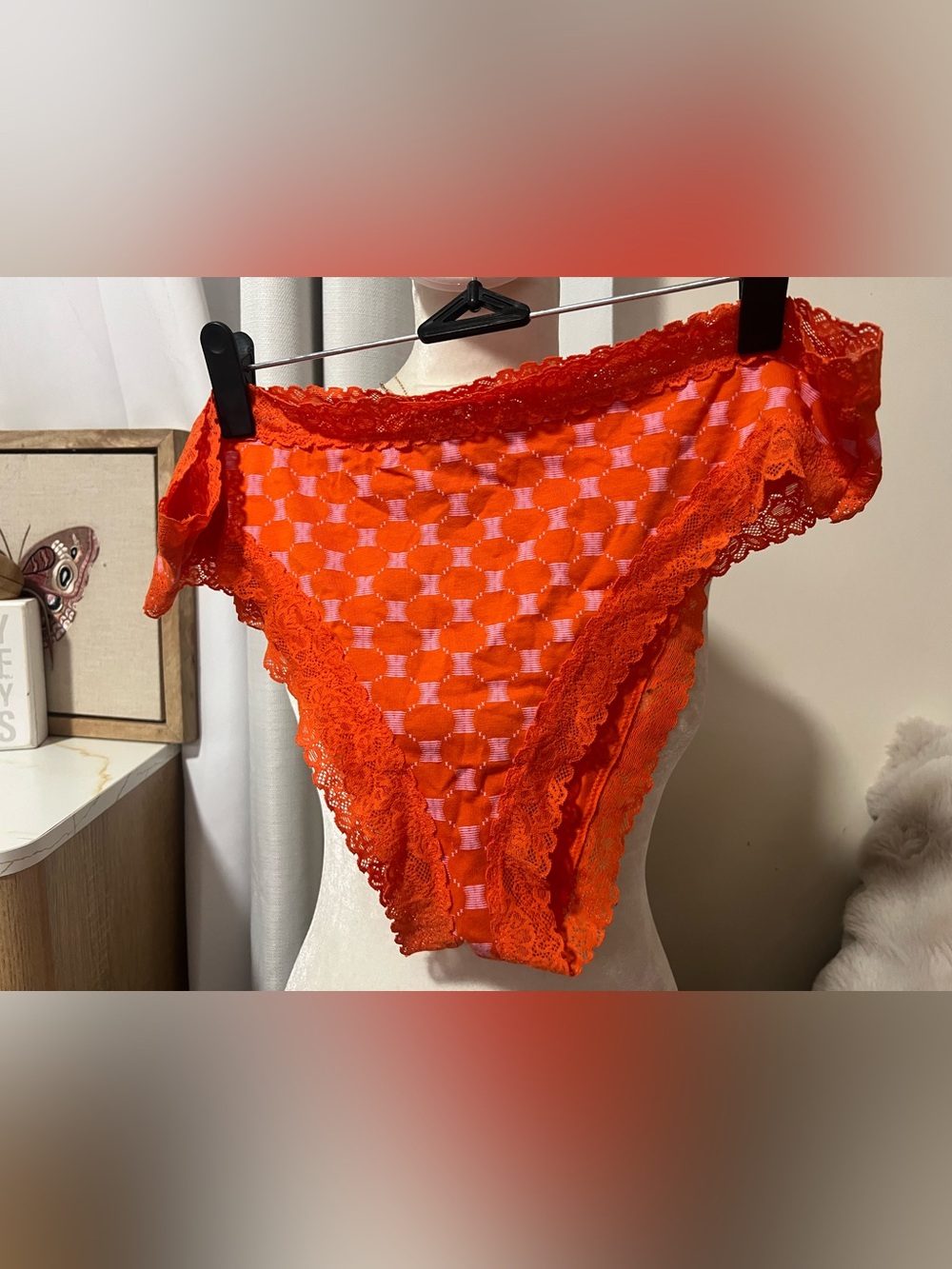 Savage X Fenty Orange Sheer Checker Lace High-Cut Briefs